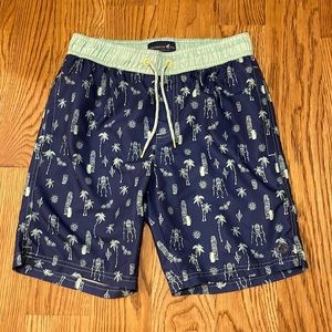 Caribbean Joe Mens Small.  Navy and turquoise with palm tree design Swim Trunks